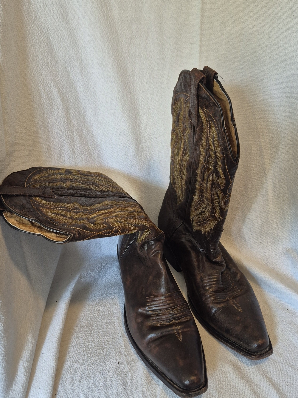 Tony Lama Brown Leather Western Boots with Gold Stitching
